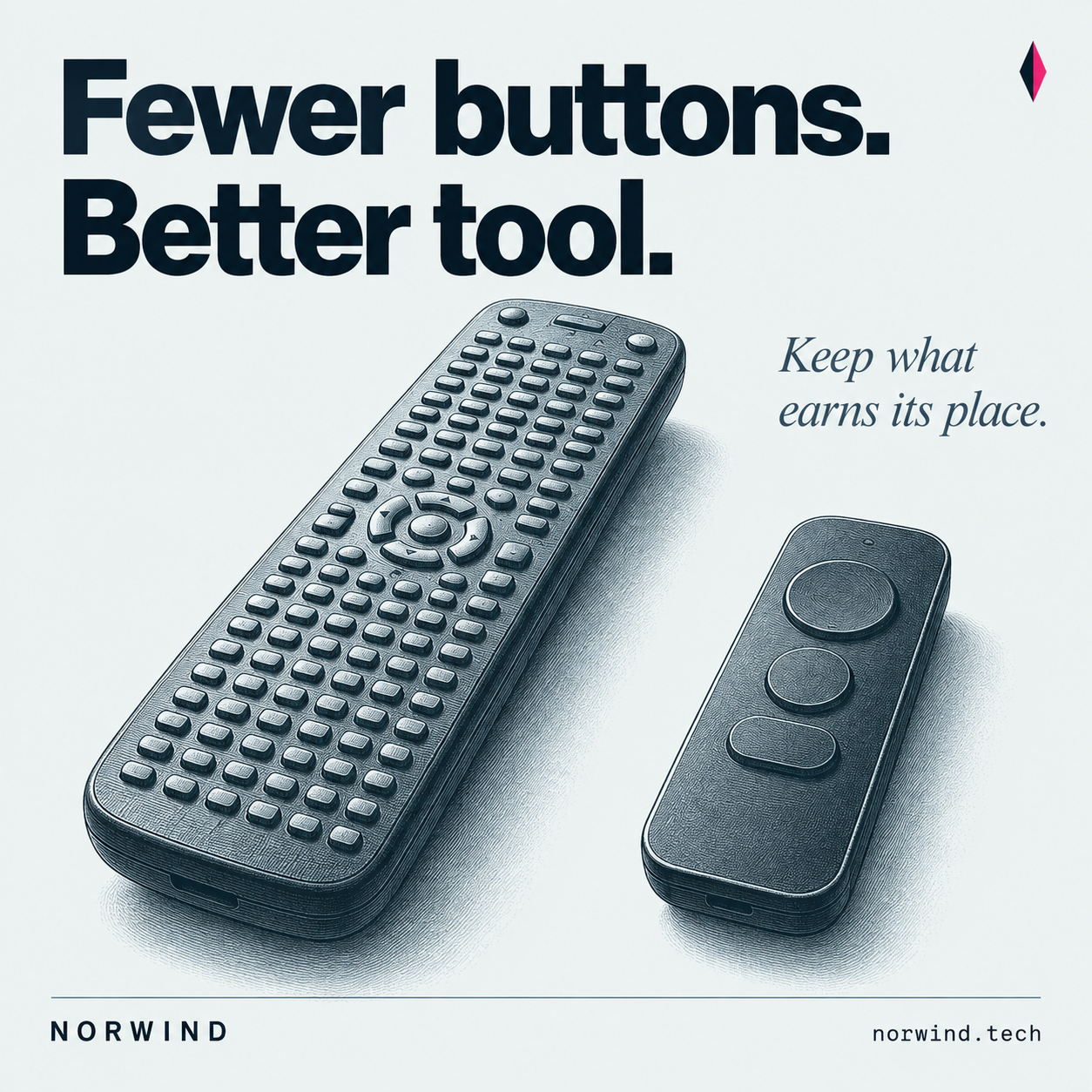 A large remote crowded with blank buttons stands beside a smaller remote with a few widely spaced buttons. Headline: Fewer buttons. Better tool. Annotation: Keep what earns its place.
