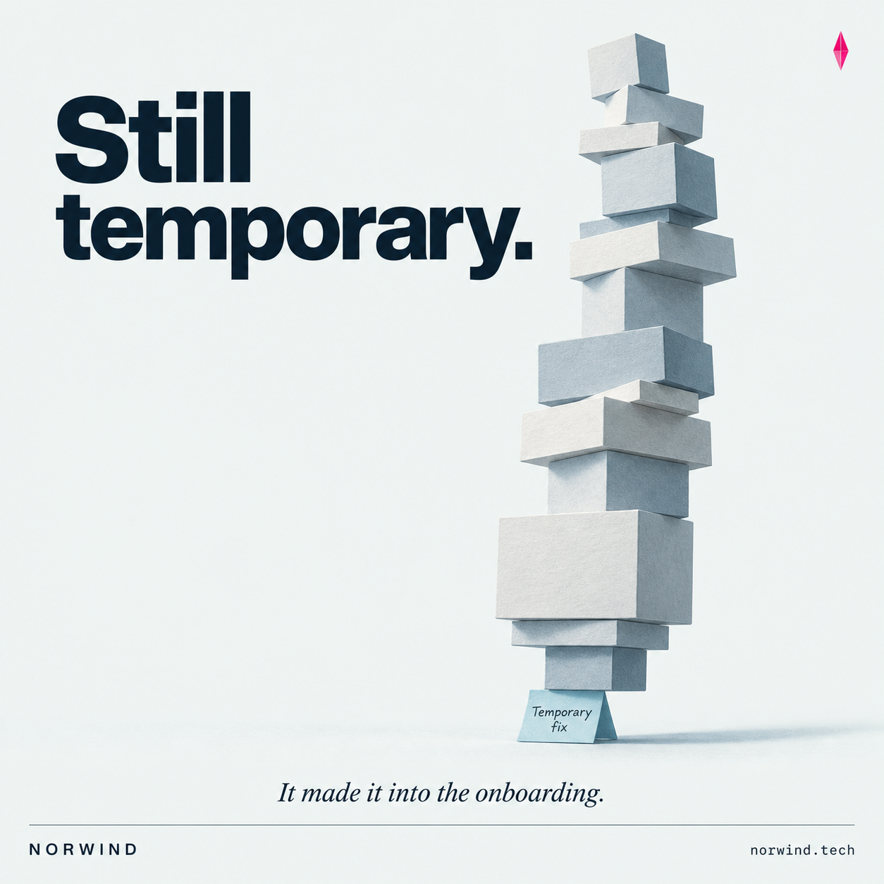 A tall tower of paper blocks balances on a small folded note labeled Temporary fix. Headline: Still temporary. Annotation: It made it into the onboarding.