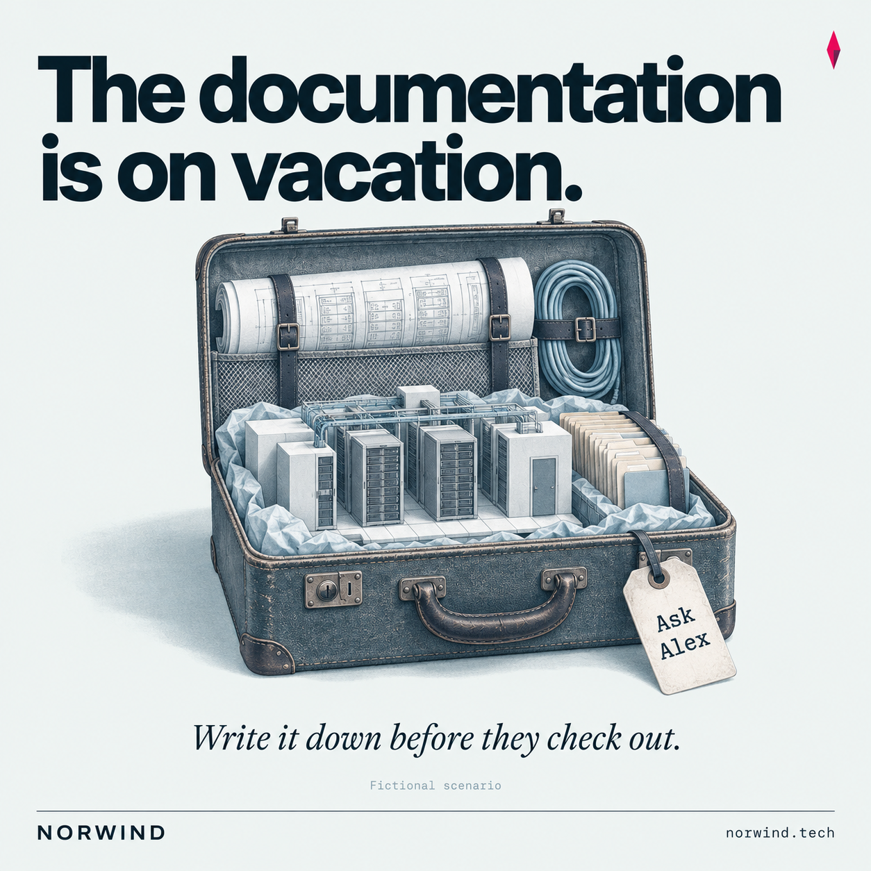 An open suitcase carries a miniature paper server room, diagrams and folders. Its tag reads Ask Alex. Headline: The documentation is on vacation. Fictional scenario.